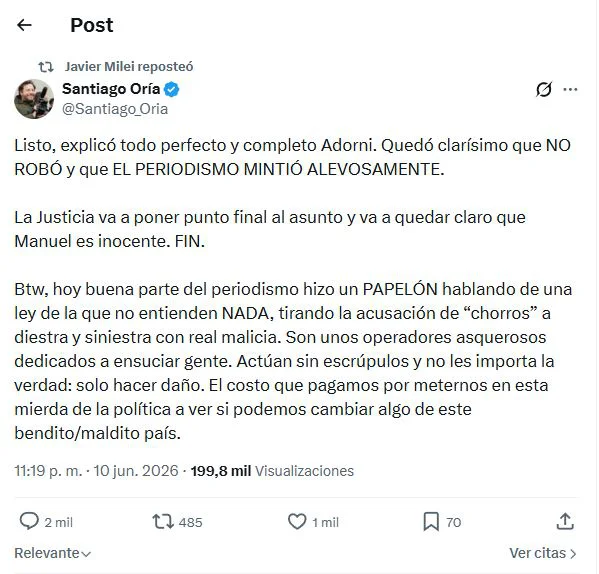 Twit respaldo milei adorni