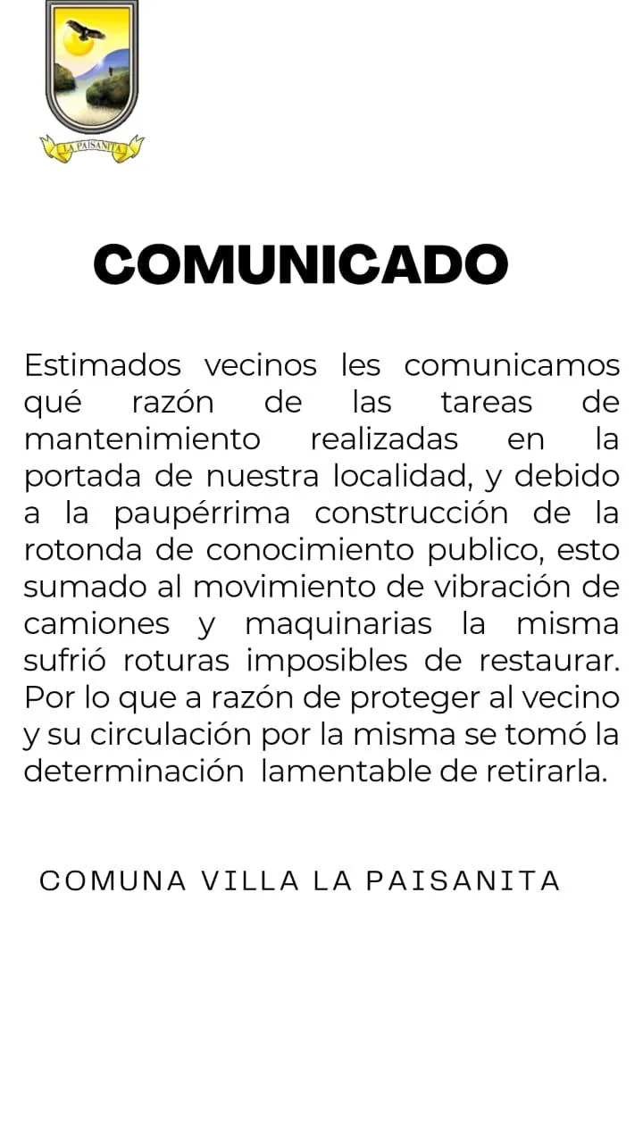 La Paisanita sin rotonda comunicado 20240522