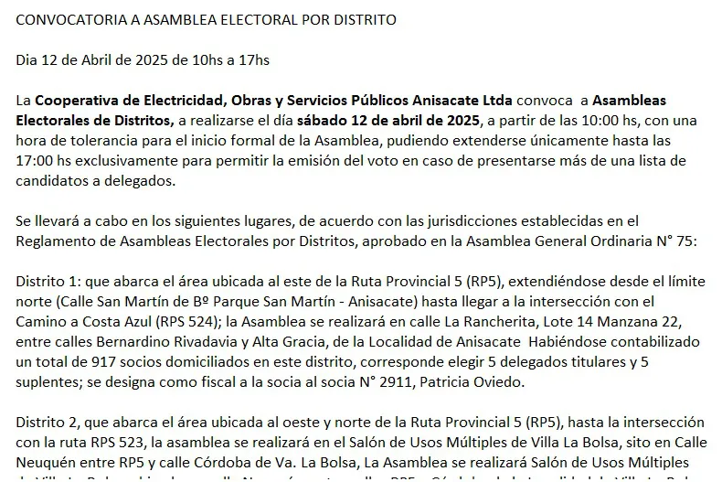 Convocatoria asamblea Coop Anisacate