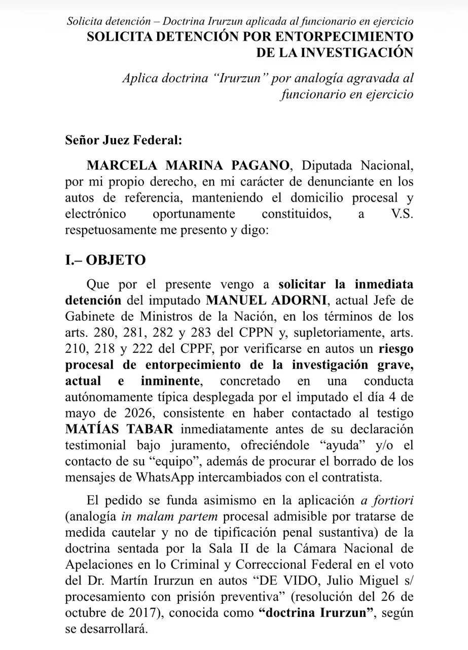 Denuncia pedido de detencion adorni